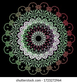 Patrón texturado de manala redonda vintage. Fondo floral de tapicería ornamental. Ornamentos barrocos de bordado. Flores doradas bordadas, hojas. Textura gruesa. Diseño de encaje colorido y ordenado. Vector.