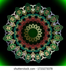 Textured vintage round mandala pattern. Ornamental tapestry floral background. Baroque embroidery ornaments. Embroidered golden flowers, leaves. Grunge texture. Ornate colorful lacy design. Vector.