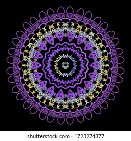 Textured vintage round mandala pattern. Ornamental tapestry floral background. Baroque embroidery ornaments. Embroidered violet flowers, leaves. Grunge texture. Ornate colorful lacy design. Vector.