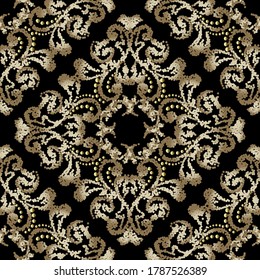 Patrón de infiltración texturada. Fondo ornamental floral estipado. Fondo de repetición de color gris decorativo. Flores doradas de estiércol de estilo antiguo, hojas, círculos, puntos. Hermosos adornos de lujo.