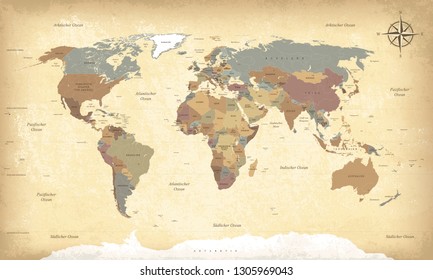 Textured vintage world map DE. Vector. German language