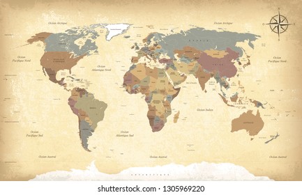 Textured vintage world map FR. Vector. French language