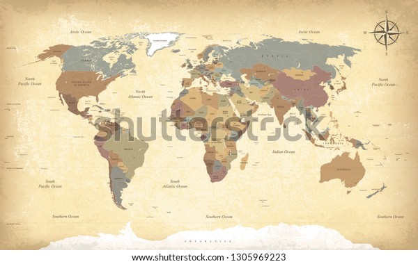 テクスチャーのあるビンテージの世界地図 ベクター画像 英語 米国語 のベクター画像素材 ロイヤリティフリー