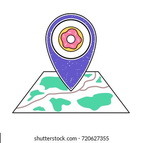 Textured violet geotag icon, donut with pink topping symbol pointing at a map. Street food business on a city plan.UI,app,website vector illustration. Bakery, fast food restaurant, doughnut shop sign.