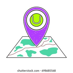 Textured violet geotag icon with green tennis ball symbol pointing at a map.GPS navigation.Mobile device, smartphone app, website vector illustration.Sport game sign. Tennis court location on a plan