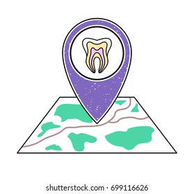 Textured violet geotag icon with tooth symbol pointing at a map.GPS navigation.Mobile device, smartphone app, website vector illustration.Dental clinic sign. Stomatologist/dentist location on a plan.