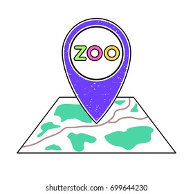 Textured violet geotag icon with zoo symbol pointing at a map.GPS navigation.Mobile device, smartphone app, website vector illustration.National park sign, location on a plan.Zoological garden emblem.