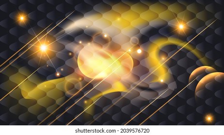 textured wallpaper on a space theme. color mixing, overlapping shapes, meteorites, planetary silhouettes, stars, lights and glow. abstract background for your projects. vector