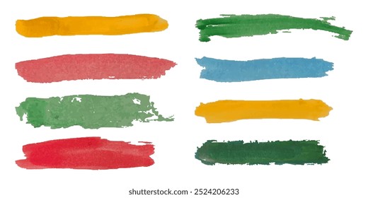 Textured watercolor brush strokes in yellow, green, red, and blue. Grunge style handmade paint strokes with a natural gradient. Artistic aquarelle stains border vector template.