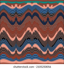 Textured waves seamless pattern. Tapestry ornamental wavy lines vector background. Mosaic repeat backdrop. Modern tabby ornaments. Hatched embroidery style design. Endless colorful moire texture.