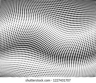 Textured Wavy dotted lines background. Pattern of dots, dotted lines, circles of different scale. Digital Gradient. Pop-art style. Grunge Backdrop. Modern futuristic Abstract panel Vector illustration