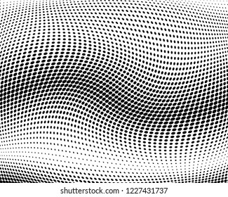 Textured Wavy dotted lines background. Pattern of dots, dotted lines, circles of different scale. Digital Gradient. Pop-art style. Grunge Backdrop. Modern futuristic Abstract panel Vector illustration