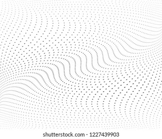 Textured Wavy dotted lines background. Pattern of dots, dotted lines, circles of different scale. Digital Gradient. Pop-art style. Grunge Backdrop. Modern futuristic Abstract panel Vector illustration
