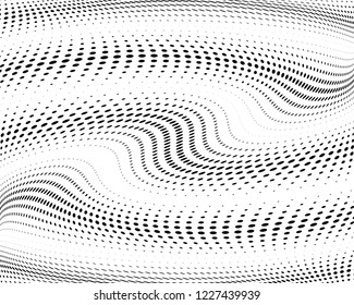 Textured Wavy dotted lines background. Pattern of dots, dotted lines, circles of different scale. Digital Gradient. Pop-art style. Grunge Backdrop. Modern futuristic Abstract panel Vector illustration
