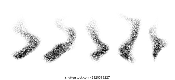 Textured wavy forms set. Black stipple grain smoke or steam pack. Dotted sand noise fog collection. Smooth gritty gradient waves bundle. Grunge design elements. Vector illustration. 
