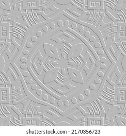 Patrón transparente de vector gris 3d blanco texturado. Fondo geométrico antiguo de emboscado. Repetir el fondo de la superficie. La clave griega serpentea los ornamentos de alivio. Diseño floral y moderno. Textura 3d con relieve.