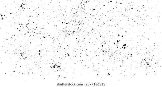 Textured white background with gritty halftone effect, black spray paint splashes, ink spots, retro grunge overlay on paper sheet
