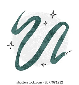 Textured wild snake with open mouth surrounded stars. Esoteric, magician, astrology concept. T-shirt print design. Hand-drawn vector illustration.