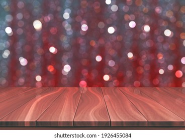 Textured wooden floor against red bokeh background. Surface in focus made from natural walnut boards. Realistic 3D vector illustration with copy space.
