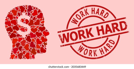 Textured Work Hard stamp seal, and red love heart mosaic for banker head. Red round stamp seal includes Work Hard text inside circle. Banker head mosaic is made with red romance symbols.