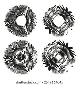 Ícones texturizados de grinalda. Símbolos de coroa espetada. Anel orgânico Vetor. Design circular Grunge.