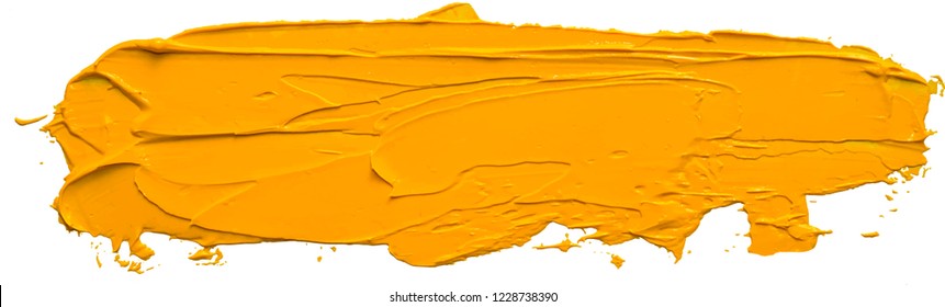 Textured yellow oil paint long brush stroke, convex with shadows, isolated on transparent background. EPS 10 vector illustration.