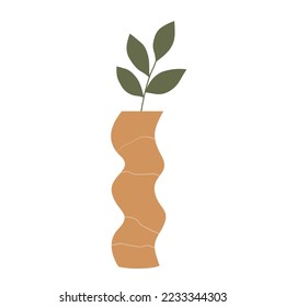 Textured yellow vase with a plant branch isolated on a white background. Vector element mid-century modern style earth tones