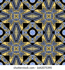 Textured zigzag lines vector seamless pattern. Tribal ethnic style carpet background. Repeat symmetrical tribal backdrop. Zig zag lines ornate tapestry ornaments. Geometric embroidery shapes, flowers.