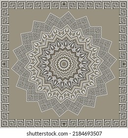 Textured zigzag mandala with square frame, borders. Greek embossed style vector background. Repeat tribal ethnic emboss backdrop. Modern zig zag ornament. Tile. Panel. Decorative ornate floral design.