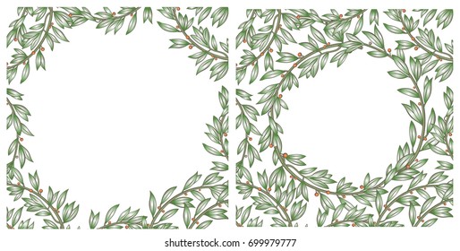Textures background made from tree branches or laurel wreaths. Square composition. Vector graphics