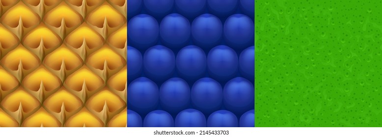 Textures of blueberries, pineapple and lime peel. Vector cartoon game backgrounds with seamless patterns of fresh ripe blackberry, ananas and green citrus rind surface