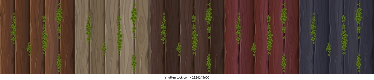 Textures of different color wooden boards. Vector cartoon set of seamless patterns with wood wall, fence or floor surface with green grass between lumber planks