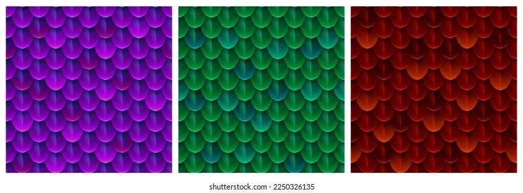 Textures of dragon scale, snake skin. Seamless patterns of purple, green and red squama of fish, mermaid, reptile or fantasy monster, vector cartoon illustration