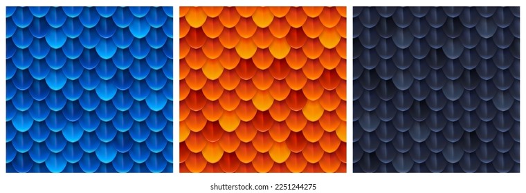 Textures of dragon scale, snake skin. Seamless patterns of blue, orange and black squama of fish, mermaid, reptile or fantasy monster, vector cartoon illustration