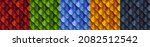 Textures of dragon skin, reptile scale for game background. Vector cartoon seamless patterns of blue, black, green, yellow and red squama of fantasy animal, mythical monster