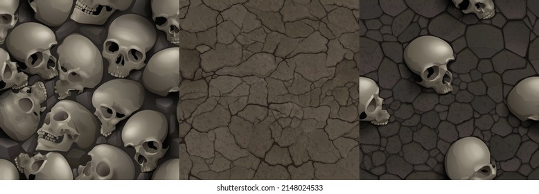 Textures of dry soil and ground with buried skulls, game vector background. Seamless patterns of cartoon dirty land surface with cracks and pile of human skeletons.