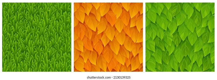 Textures of grass, green and orange tree leaves for game background. Vector cartoon seamless patterns of top view of lawn or meadow, summer and autumn foliage