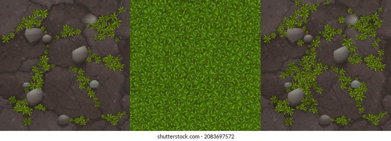 Textures of ground with moss, stones and green grass for game background. Vector cartoon seamless patterns of top view of land surface with cobblestones and lawn
