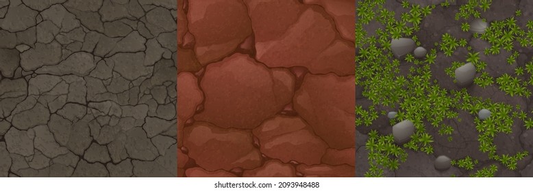Textures of ground with stones and green grass, dry soil with crackes for game background. Vector cartoon seamless patterns of top view of land surface with dirt, clay, rubbles and plants