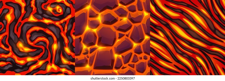 Textures of lava, magma and stones. Seamless patterns of volcano rock surface with cracks and flows of hot molten liquid lava in top view, vector cartoon illustration