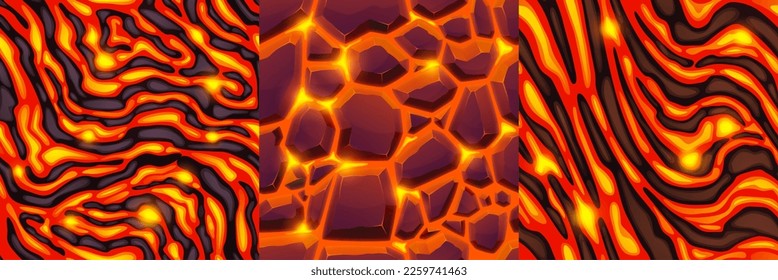 Texturas de lava, magma y piedras. Patrones sin foco de superficie de roca volcánica con grietas y flujos de lava líquida caliente en la parte superior, ilustración de caricatura vectorial