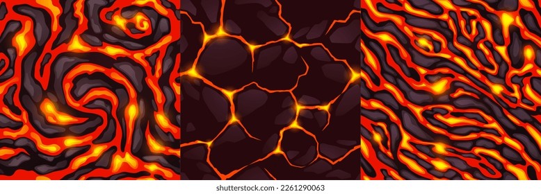 Textures of lava, magma and stones. Seamless patterns of volcano rock surface with cracks and flows of hot molten liquid lava in top view, vector cartoon illustration