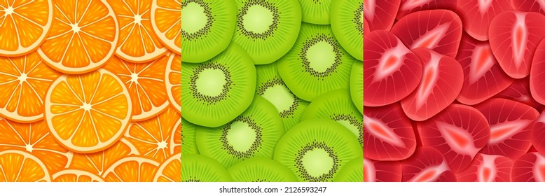 Textures of orange, kiwi and strawberry slices. Seamless patterns with tropical fruit pieces. Vector bright backgrounds of cut ripe tropic fruit for game design