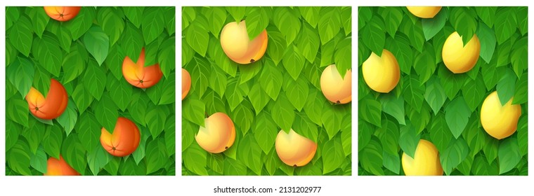 Textures Of Orange, Lemon And Apple Tree For Game Background. Vector Cartoon Seamless Patterns Of Tropical Fruit Tree Foliage With Green Leaves And Harvest