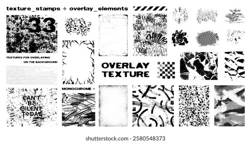 Textures for overlay - concrete, graffiti wall, grunge frame, brush strokes, scuffs, old texture and others. Overlay effects for adding vintage. Vector stamps - background frames. Grunge graphic box