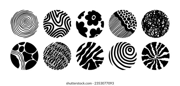 Textures and patterns fashionable textile or fabric samples. Isolated rounded shapes and circles with monochrome waves and lines, flowers in blossom and stylish prints. Vector in flat styles