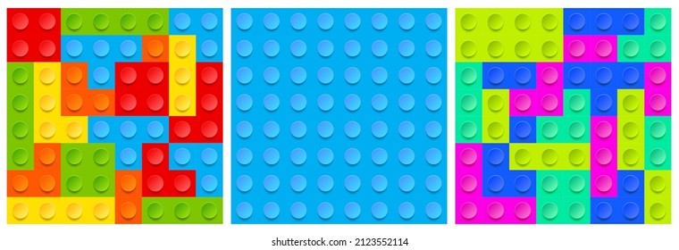 Textures of plastic block toy with colorful bricks. Vector cartoon set of seamless patterns of child game for build from geometric pieces. Kids constructor top view illustration