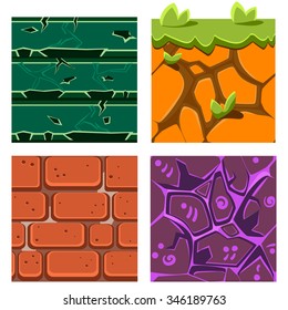 Textures for Platformers Icons Vector Illustration Set of Gems, Bricks and Ground