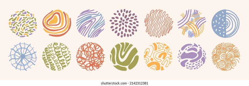 Textures and print samples, isolated set of circle pattern doodles templates. Vector in flat style, lines and wavy curvy decorative elements. Drawn decor and ornaments for background or adornment