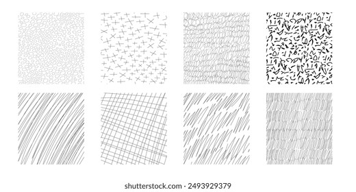 Conjunto de texturas, colección dibujado a mano abstracto pincel monocromo marcas. Doodle Formas manchas, gotas, curvas y líneas. Moderno contemporáneo de moda